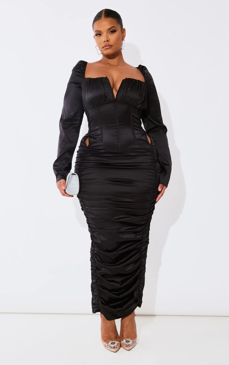 Plus Black Ruched Corset Satin Midi Dress 3 Plus Black Ruched Corset Satin Midi Dress