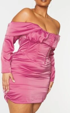 Plus Pink Satin Drape Bardot Sleeve Ruched Back Bodycon Dress -Goremje Style 388bf95bfe79fef05466df577ac406c8363a74f0 cmu5860 5