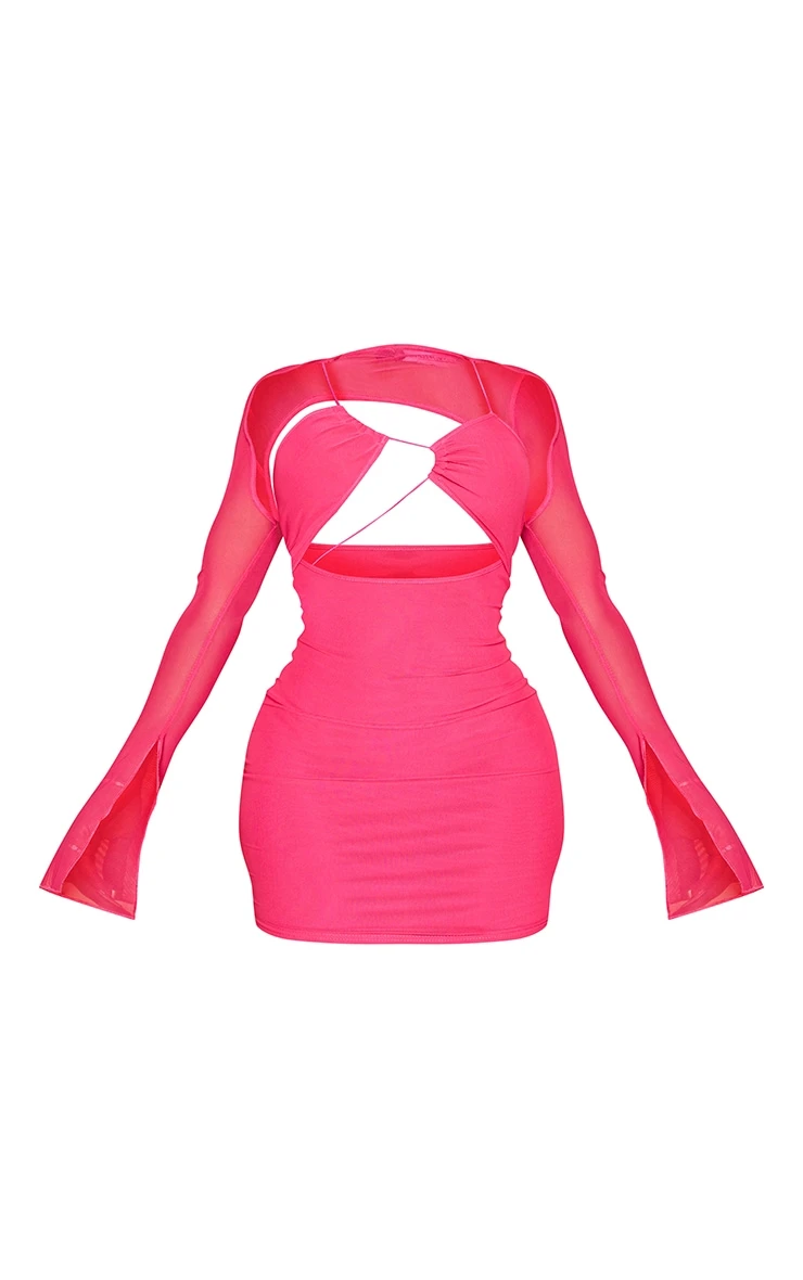 Shape Hot Pink Mesh Lace Up Detail Overlay Bodycon Dress 7 Shape Hot Pink Mesh Lace Up Detail Overlay Bodycon Dress - Image 5