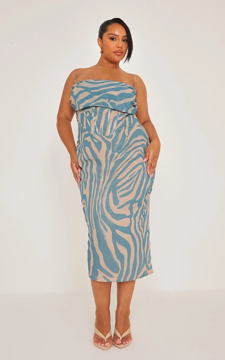 Plus Dusty Blue Tiger Printed Chiffon Drape Detail Midi Dress 3 Plus Dusty Blue Tiger Printed Chiffon Drape Detail Midi Dress