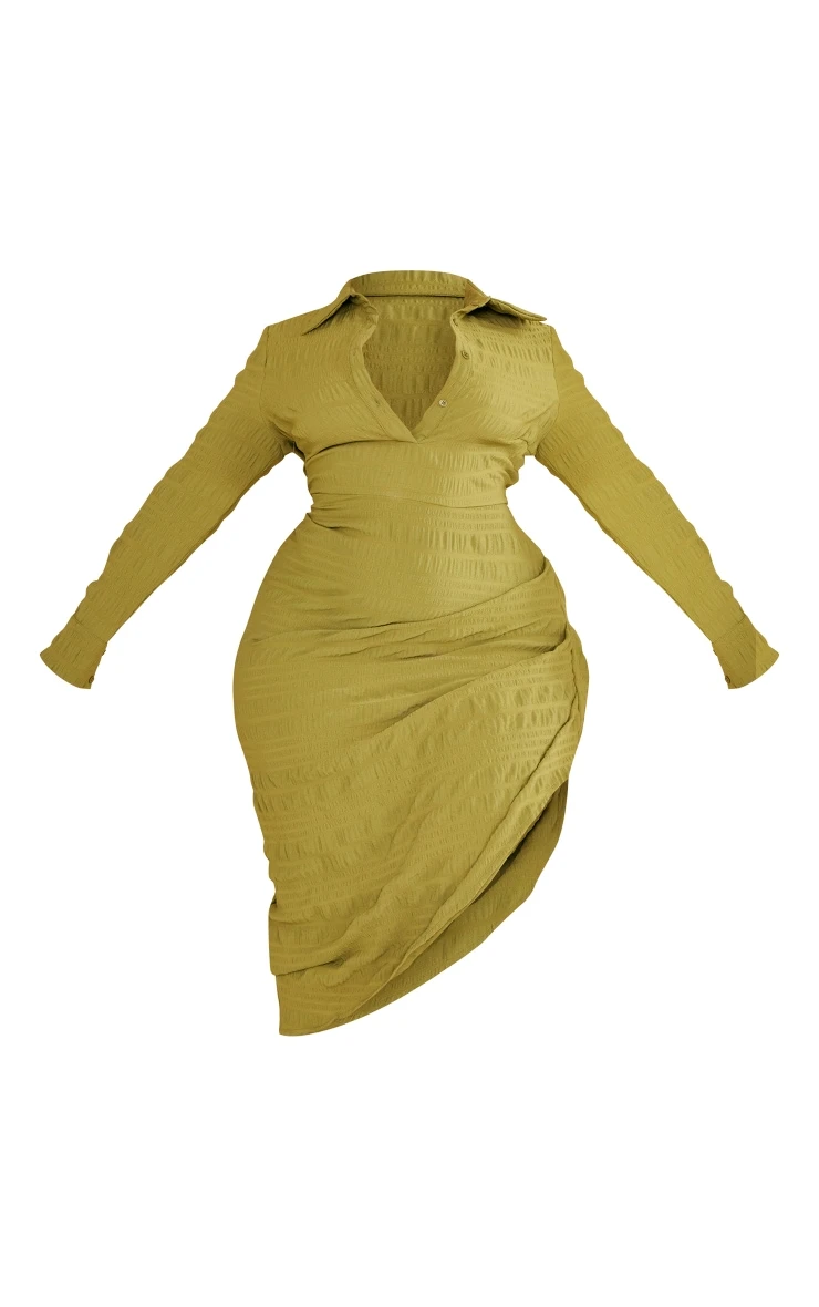 Plus Olive Textured Ruched Side Midi Shirt Dress 7 Plus Olive Textured Ruched Side Midi Shirt Dress - Image 5