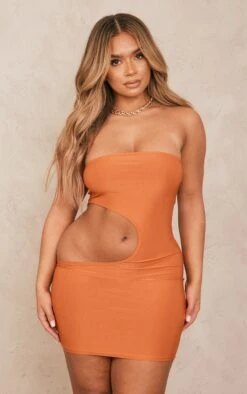 Shape Burnt Orange Slinky Cut Out Mini Dress