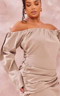 Plus Mushroom Linen Look Ruched Bardot Bodycon Dress -Goremje Style 3d78528ead2ed71f94cb9426d2d3ab3878619d8b cnd7648 4