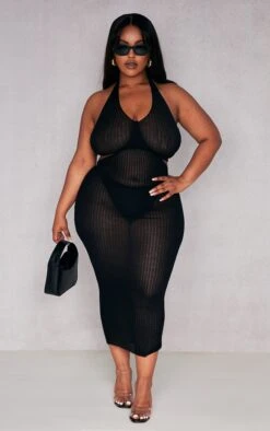 Plus Black Sheer Knit Cross Halter Neck Midi Dress