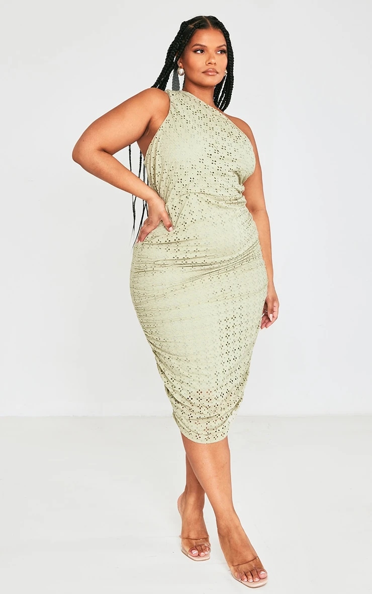 Plus Sage Green Broderie Anglaise Ruched Midi Dress 3 Plus Sage Green Broderie Anglaise Ruched Midi Dress