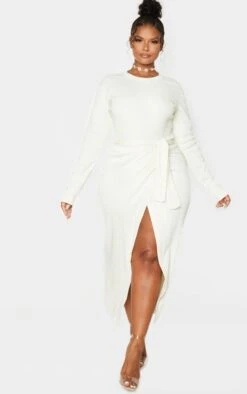Plus Cream Thick Rib Tie Waist Wrap Midi Dress