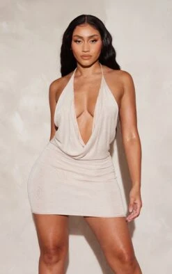 Shape Cream Knit Halterneck Fray Hem Mini Dress