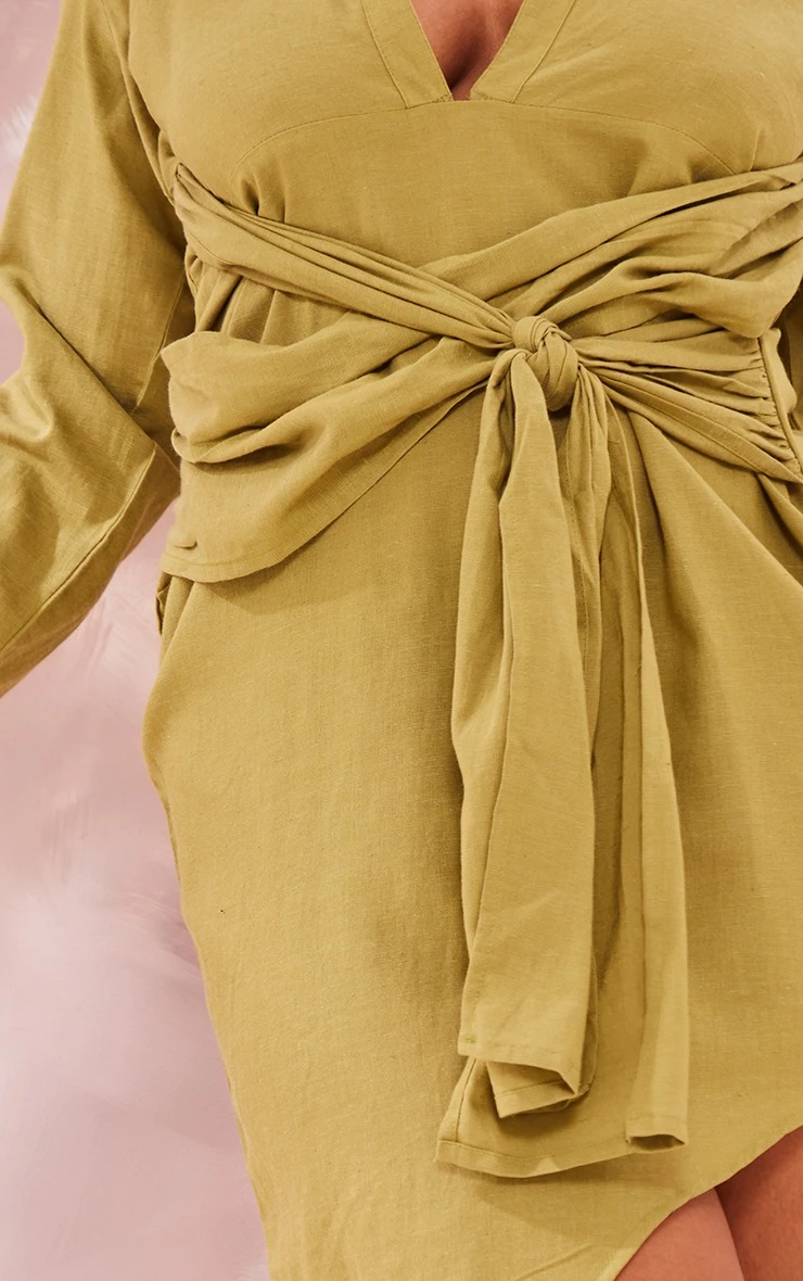 Plus Olive Linen Look Wrap Detail Shirt Dress 6 Plus Olive Linen Look Wrap Detail Shirt Dress - Image 4