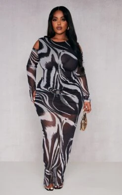 Plus Zebra Printed Mesh Cold Shoulder Maxi Dress