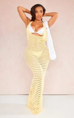 Shape Yellow Crochet Knit Halterneck Open Back Maxi Dress
