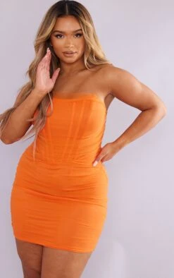 Shape Orange Mesh Corset Detail Ruched Bodycon Dress