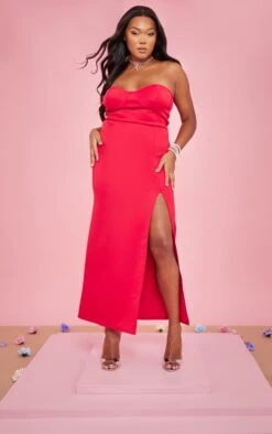 Plus Red Scuba Cup Detail Bandeau Midaxi Dress