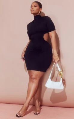 Plus Black High Neck Cut Out Side Bodycon Dress