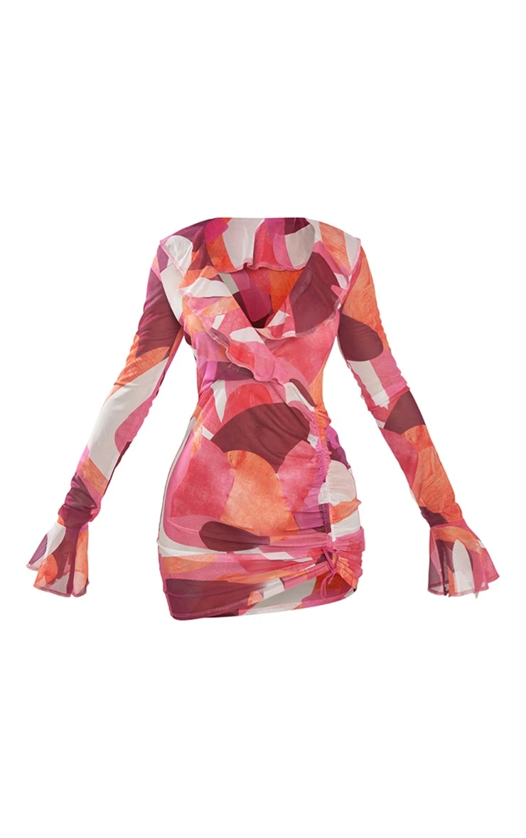 Petite Pink Abstract Mesh Long Sleeve Mini Dress 7 Petite Pink Abstract Mesh Long Sleeve Mini Dress - Image 5