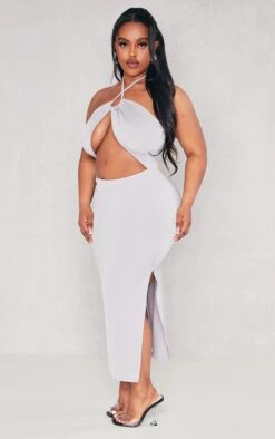 Plus Grey Cut Out Halterneck Midi Dress
