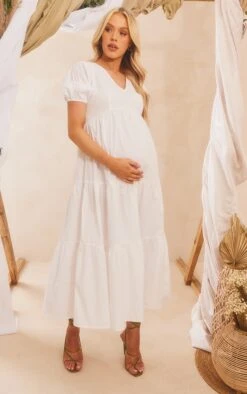 Maternity White Cotton Tiered Maxi Dress -Goremje Style 43acc4a09e26460633db4d85073a47a65e084358 cmy0822 4