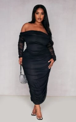 Plus Black Mesh Bardot Long Sleeve Midi Dress