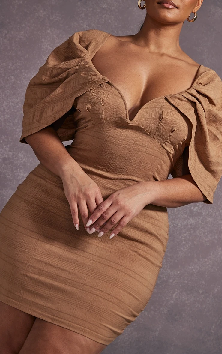 Plus Mocha Textured V Bar Bodycon Dress 5 Plus Mocha Textured V Bar Bodycon Dress - Image 3