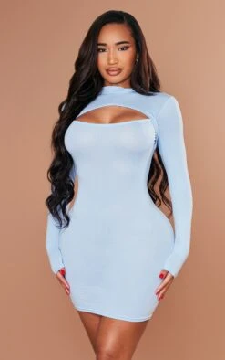 Shape Baby Blue Jersey Cut Out Long Sleeve Bodycon Dress