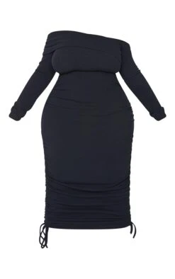 Plus Black Bardot Ruched Side Midi Rib Dress -Goremje Style 45a843ea47155f53bf8e330fa2069ca518d3aa6c cmu4962 6