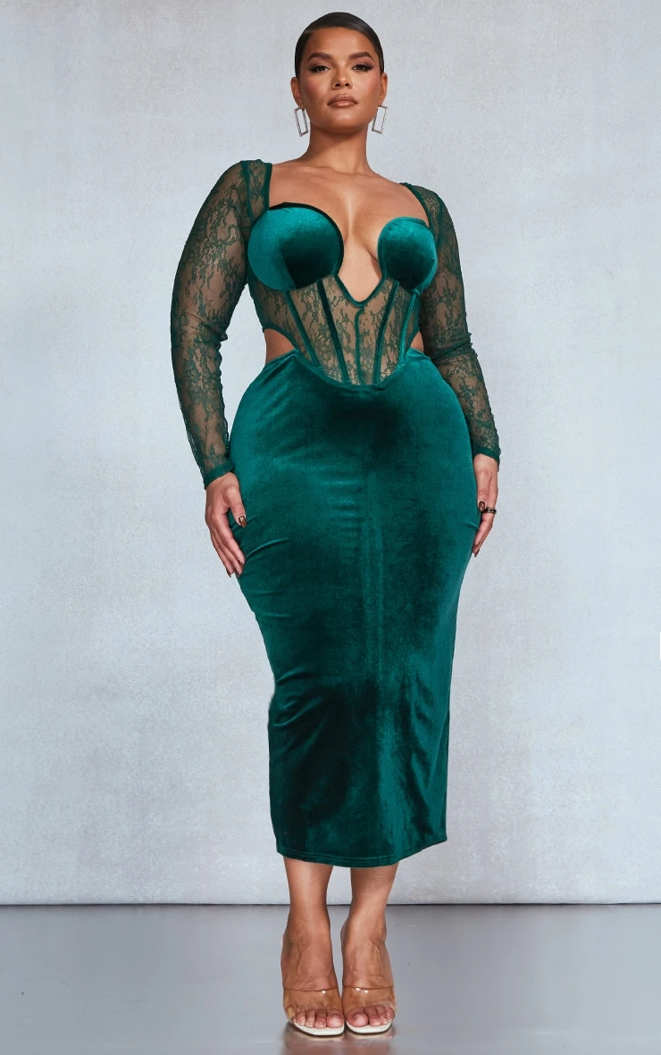 Plus Emerald Green Lace Detail Corset Velvet Midaxi Dress 3 Plus Emerald Green Lace Detail Corset Velvet Midaxi Dress