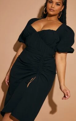 Plus Black Puff Sleeve Ruched Side Split Midi Dress -Goremje Style 4788b698385eee18aa900c96a00af7624607e8e6 cmw4077 5