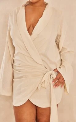 Plus Off White Linen Look Extreme Plunge Tie Detail Shift Blazer Dress -Goremje Style 47a94620c5b7ff44ee2cf844a140d9ece2110ee8 cne1821 4