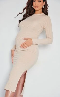 Maternity Stone Ribbed Long Sleeve Midi Dress -Goremje Style 4808019d718e99f256627cc4e2db616cebc4e9fa cne2349 4