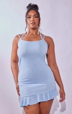 Plus Bright Blue Ruffle Hem Tie Neck Detail Bodycon Dress