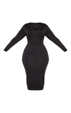 Plus Black Jersey V Neck Long Sleeve Midi Dress -Goremje Style 4c2bb2bd708bf362cc11301a9359a4c2baa52bcc CME1452 3