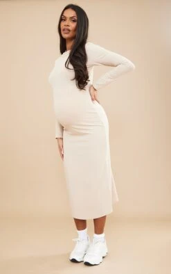 Maternity Moss Sand Ribbed Long Sleeve Midi Dress -Goremje Style 4c6c20728a40e24233a9a2c066aed70751a67d2d cnd0090 3