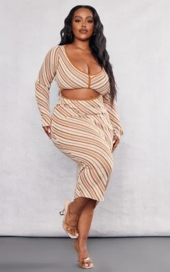 Plus Brown Stripe Cut Out Midi Dress -Goremje Style 4cde97123d7633faf7de0b00432497d792e43019 cnc7354 3
