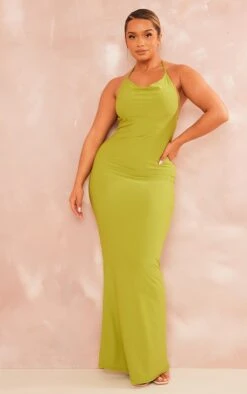 Shape Olive Slinky Strappy Cowl Scoop Back Ruched Maxi Dress
