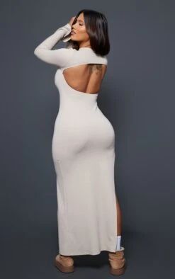 Shape Oatmeal Textured High Neck Cut Out Back Spit Leg Maxi Dress -Goremje Style 4ed22513b3a59dcaf7acc924b6f9847ffddefde5 cnc1685 2