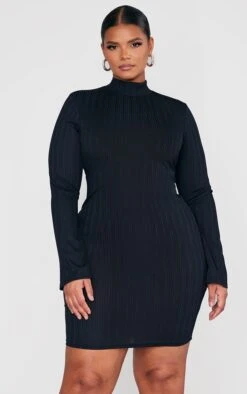 Plus Black Rib High Neck Bodycon Dress -Goremje Style 50fe8a3eafc1fd42432f391bdef9a6f35c83f6eb cnc5160 3