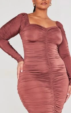 Plus Chocolate Long Sleeve Extreme Ruched Midaxi Dress -Goremje Style 5219dc798231a748e9fa0a36ebcea0680a5b8986 cnc9825 4