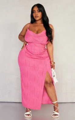 Plus Hot Pink Textured Cowl Neck Side Split Midaxi Dress
