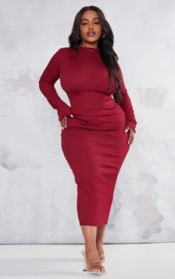 Plus Berry Rib Lettuce Hem Long Sleeve Midaxi Dress