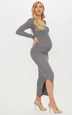 Maternity Slate Ribbed Long Sleeve Side Split Maxi Dress -Goremje Style 5434c803850b2387ccabee8b7016e852ade396c1 cmp4022 4