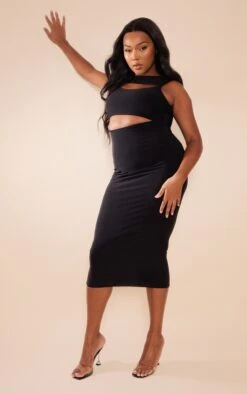 Plus Black Cut Out Slinky Midi Dress
