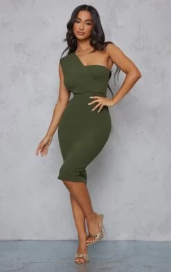 Petite Khaki One Shoulder Drape Midi Dress