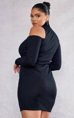 Plus Black Rib High Neck Cut Out Longsleeve Dress -Goremje Style 557d3aafe086b6d82497ebf614c9e0426fb9d4a9 cnd2478 2