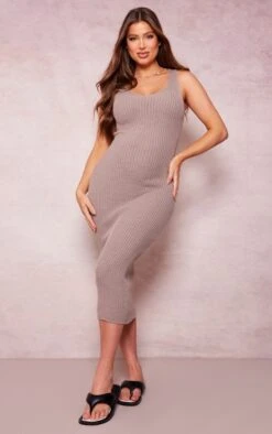 Maternity Taupe Knitted V Neck Midi Dress
