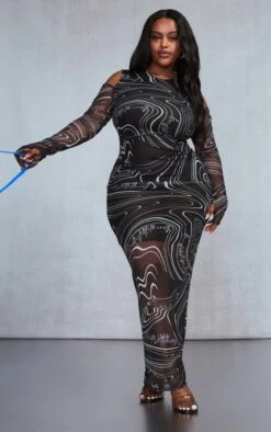 Plus Black Printed Mesh Cold Shoulder Maxi Dress