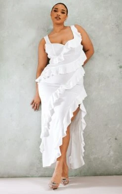 Plus White Satin Frill Layered Midaxi Dress
