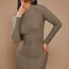 Petite Olive Textured Crew Neck Long Sleeve Bodycon Dress -Goremje Style 58e44e27c1fd910ee188941b8b0ec52c7a387864 cnd4376 1