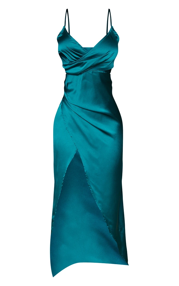 Petite Emerald Green Satin Wrap Detail Maxi Dress 8 Petite Emerald Green Satin Wrap Detail Maxi Dress - Image 6