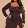 Plus Chocolate Puff Sleeve Tie Front Bodycon Dress -Goremje Style 59ee31a1c0b3460492cd80581f9db39eb78c1388 cnd4823 1