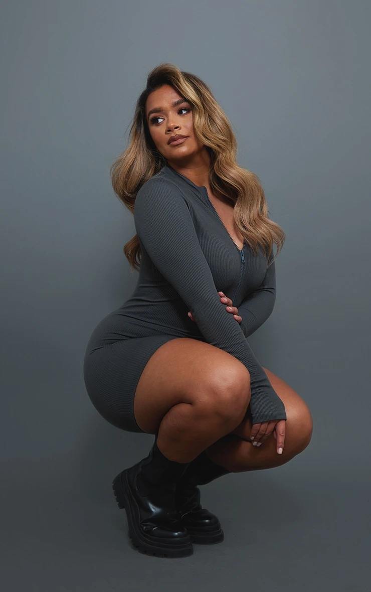 Shape Charcoal Contour Rib Zip Long Sleeve Bodycon Dress 5 Shape Charcoal Contour Rib Zip Long Sleeve Bodycon Dress - Image 3