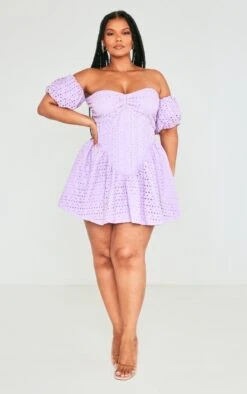 Plus Lilac Broderie Puff Sleeve Shift Dress